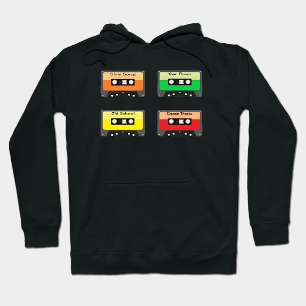 Mixtapes Pack. Set of Four Retro Cassette Mix Tapes in Vintage Colors. Slow Songs, Your Faves, Old School and Dance Tracks. (Black Background) Hoodie by Art By LM Designs 